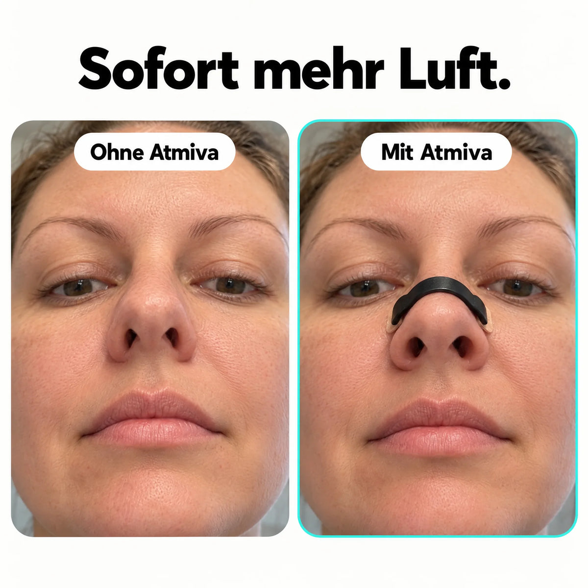Sofort mehr Luft: Nase ohne und mit Atmiva-Band